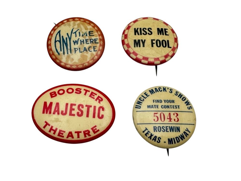 Vintage Celluloid Pinback Button Lot (4) Flirtation Texas Carnival Theatre Pins